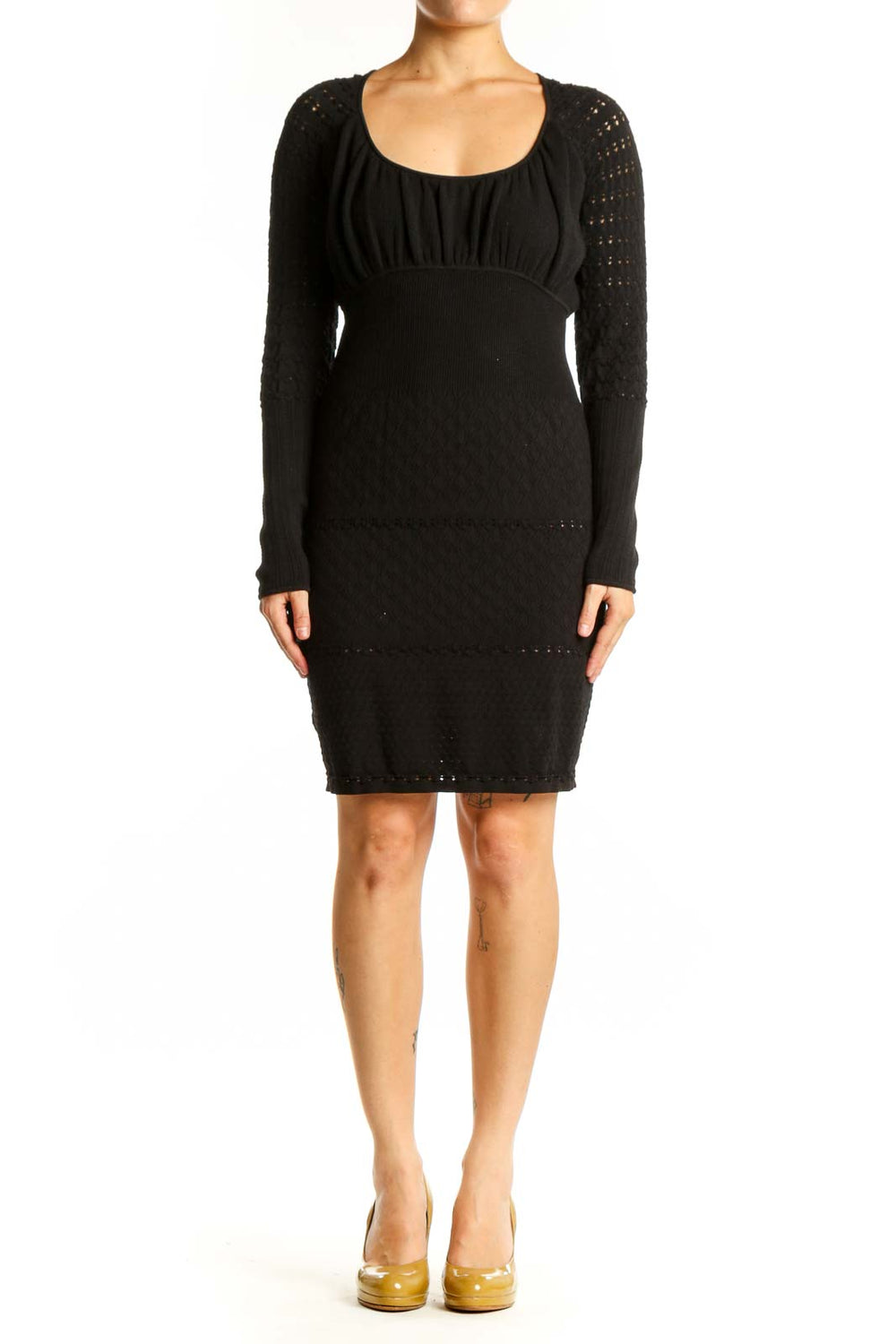 Black empire waist dress with long textured sleeves and scoop neckline, front view