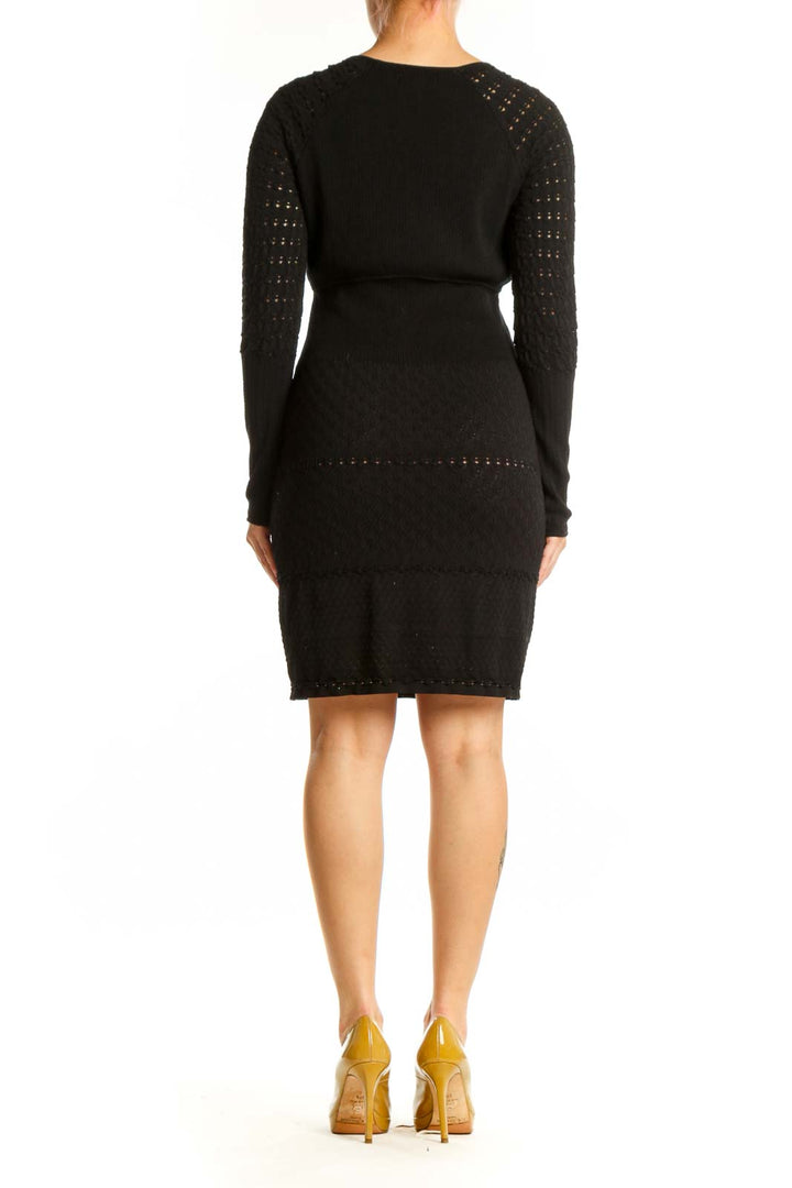 Black empire waist dress with long textured sleeves, back view