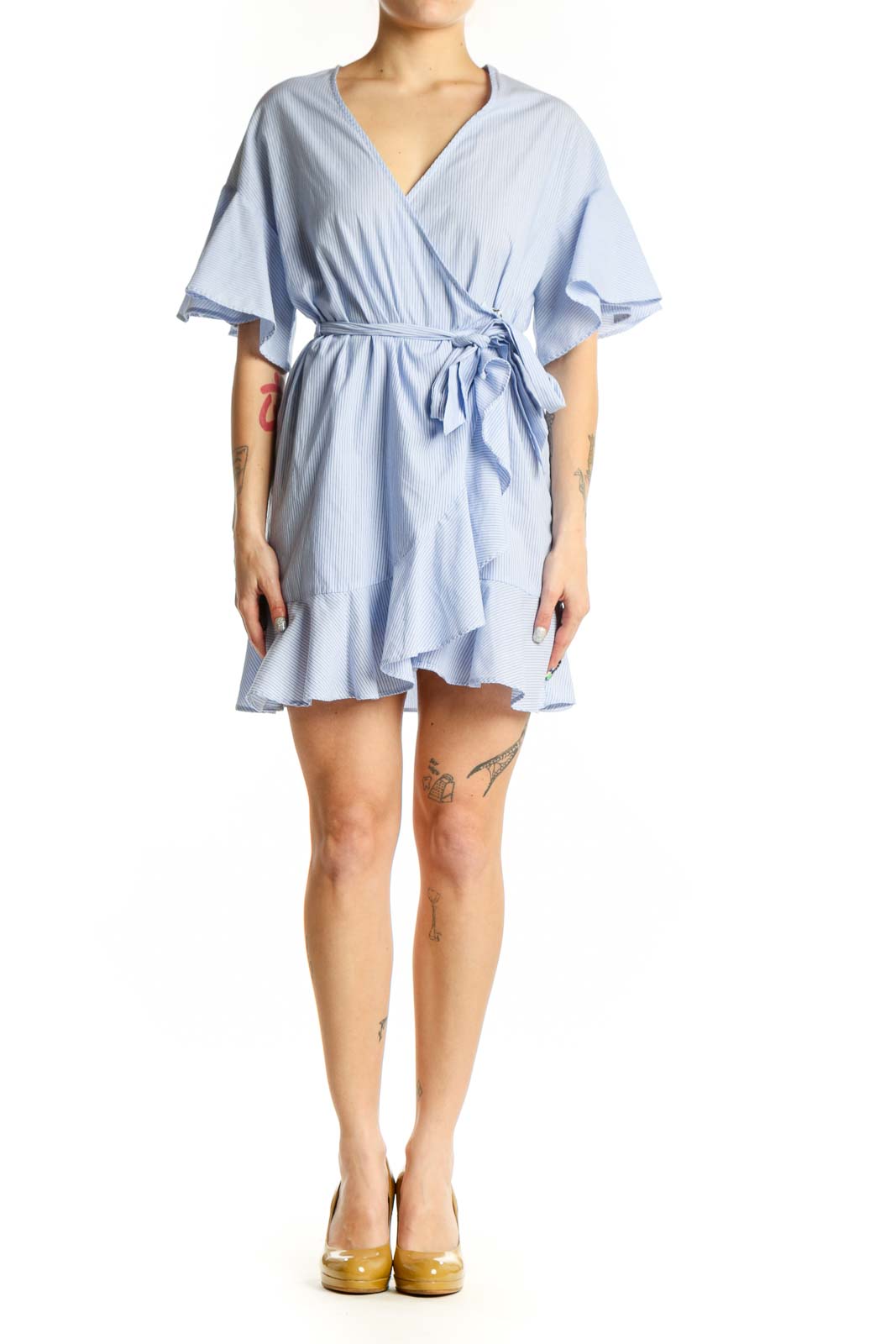 Light blue striped wrap dress with flutter sleeves and tie waist belt, front view
