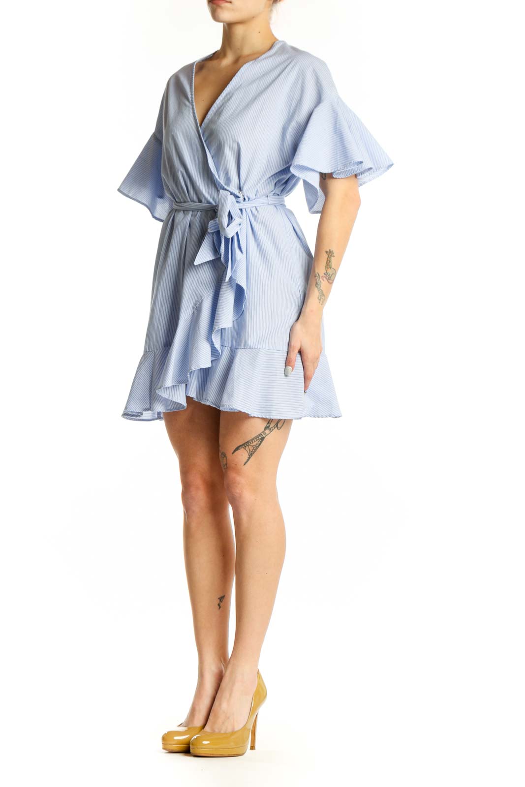 Light blue striped wrap dress with flutter sleeves and tie waist belt, front view