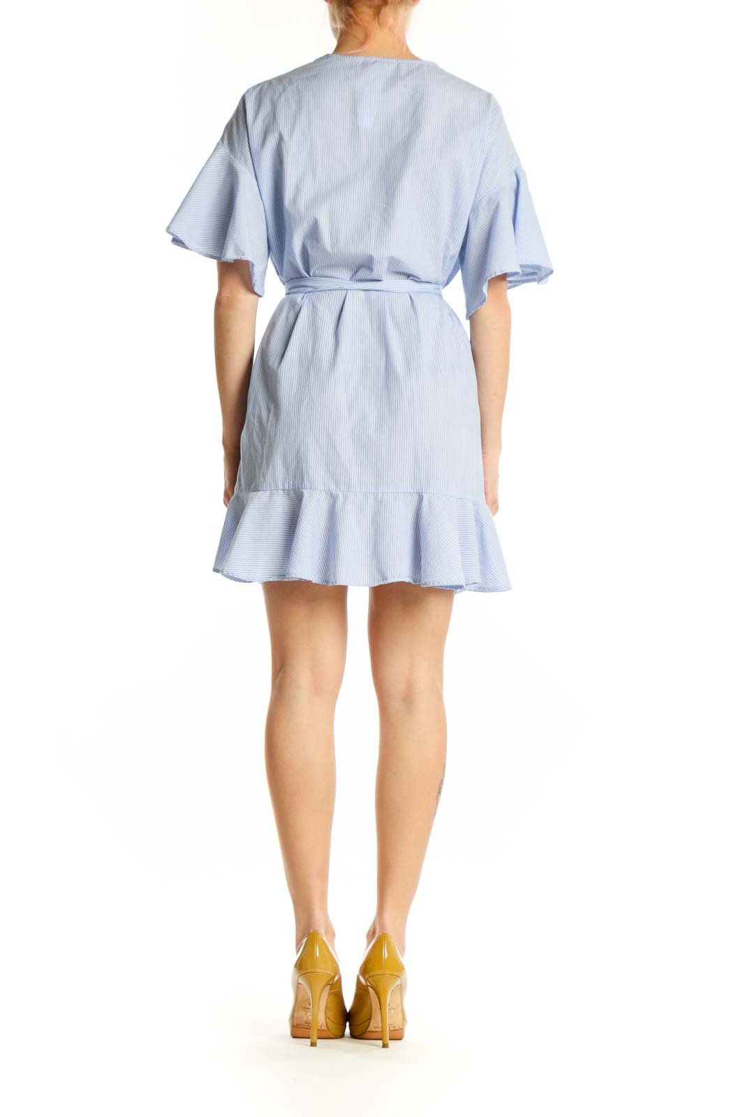 Light blue striped wrap dress with flutter sleeves and asymmetrical ruffle hem, back view