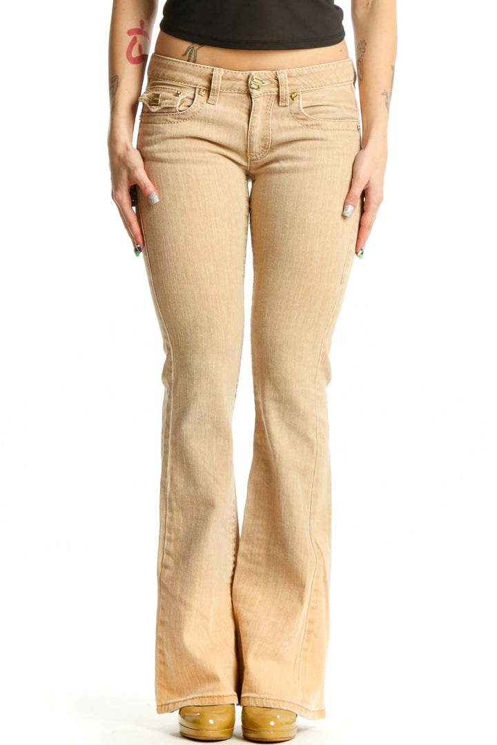 Roberto Cavalli cream flare denim jeans front view, XS size with classic five-pocket styling