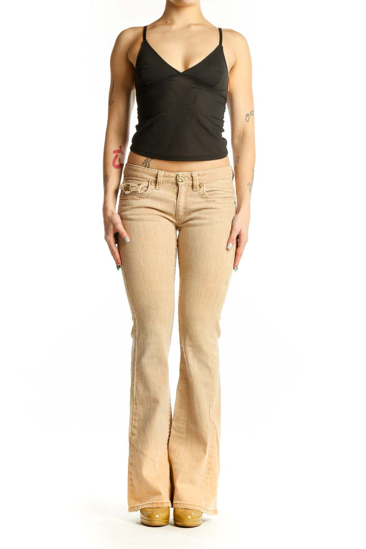 Roberto Cavalli cream flare denim jeans front view, XS size with classic five-pocket styling