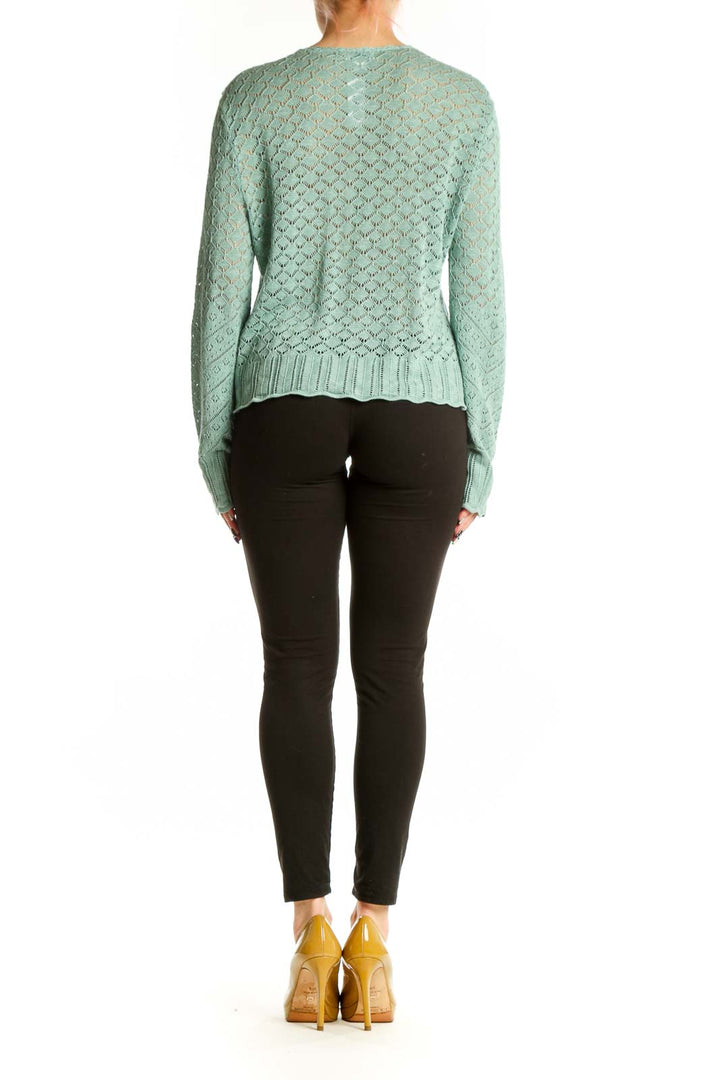 Back view of sage green Sundance ruffle cardigan showing textured knit pattern and ribbed hem