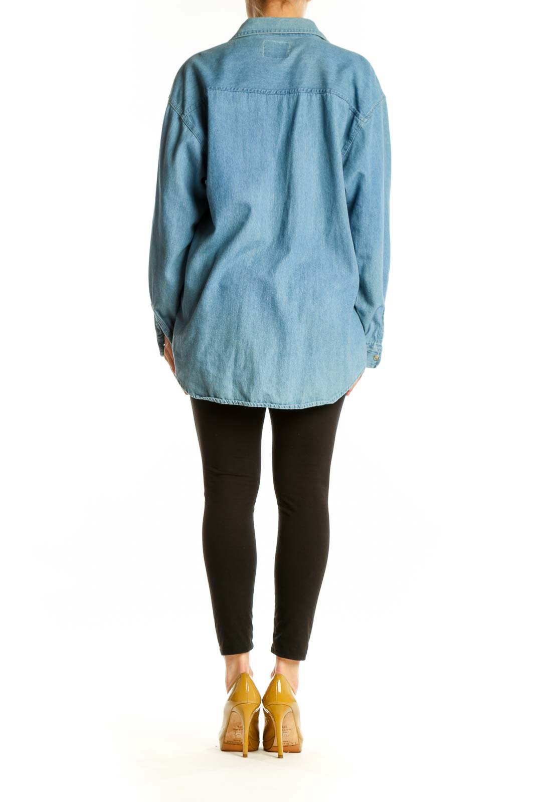 Light blue denim button-up shirt with teddy bear embroidery, back view