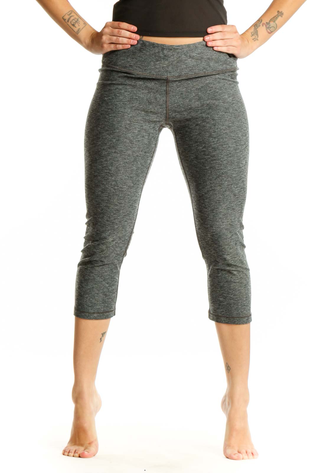 Gray heathered capri leggings with high-waisted waistband, front view