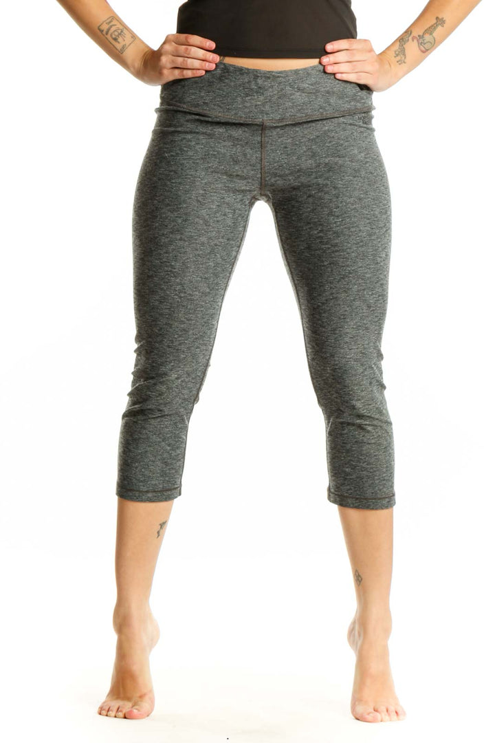 Gray heathered capri leggings with high-waisted waistband, front view