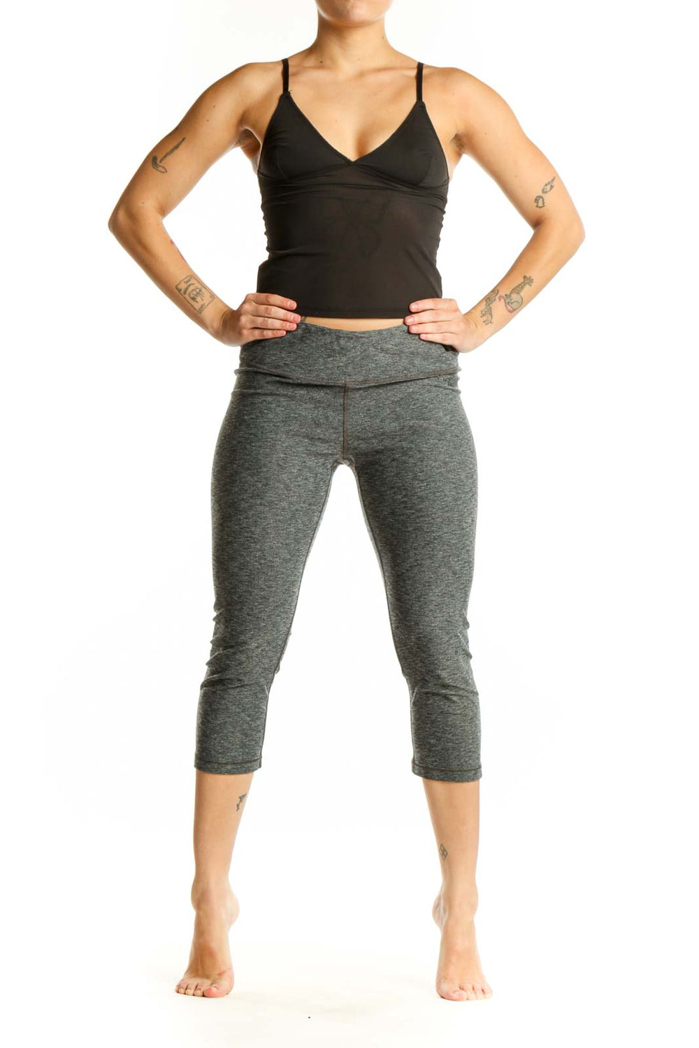 Gray heathered capri leggings with high-waisted waistband, front view