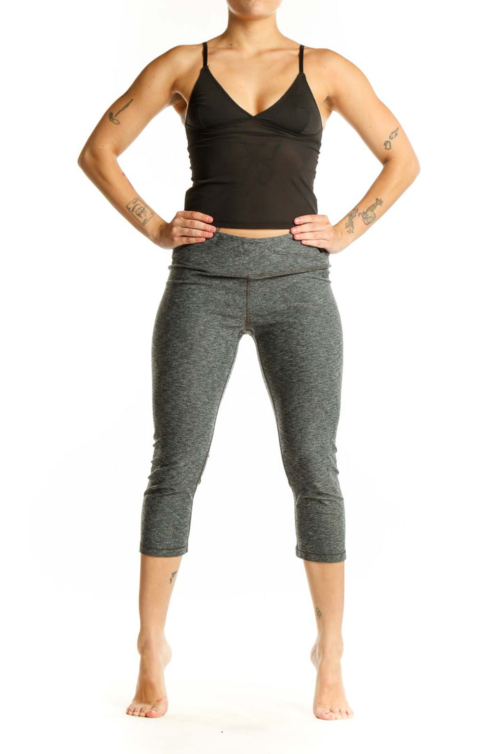 Gray heathered capri leggings with high-waisted waistband, front view