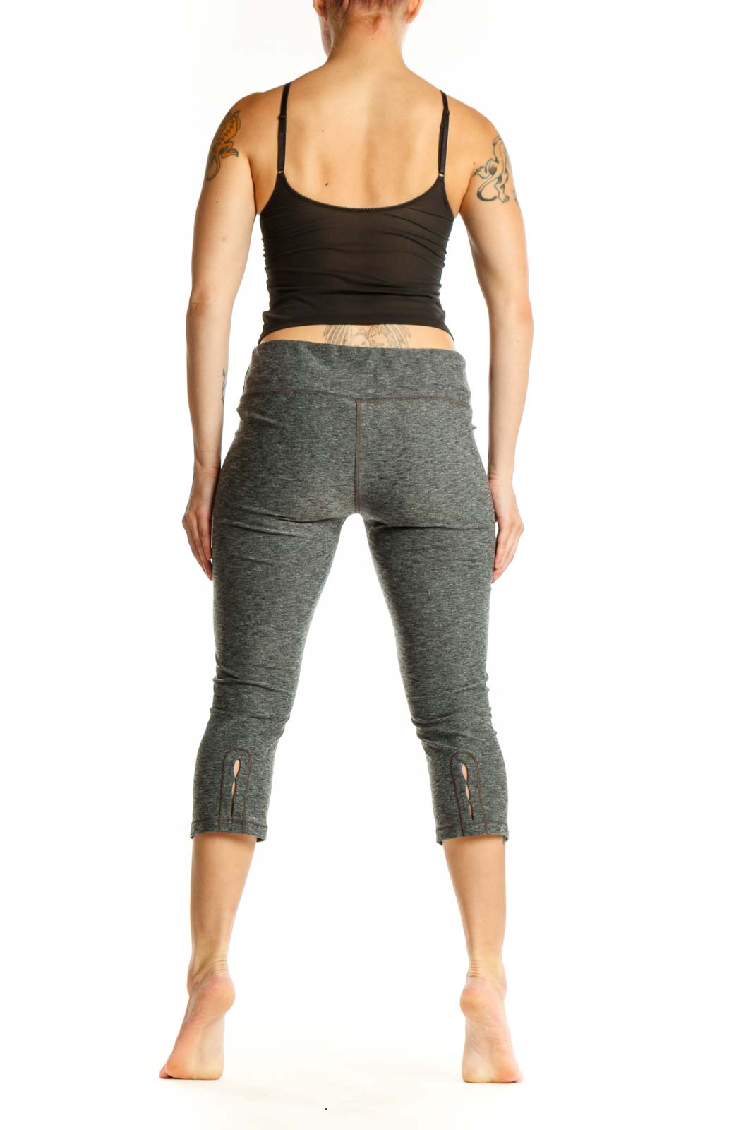 Gray heathered capri leggings with high-waisted waistband, back view