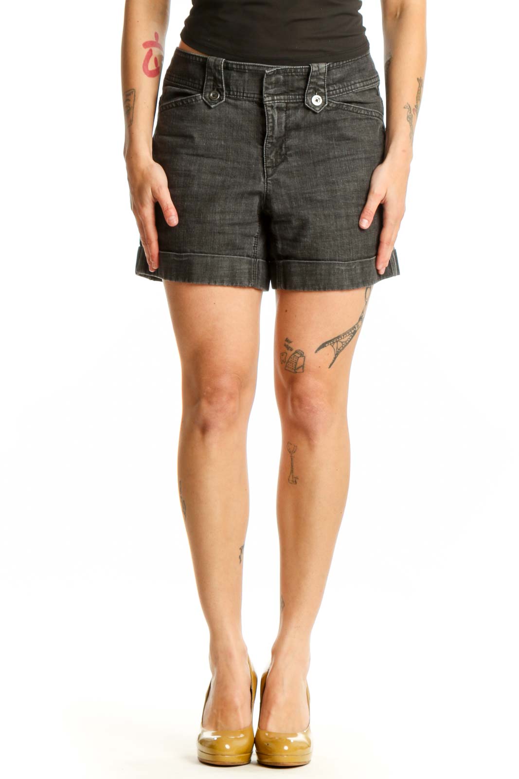 Front view of charcoal denim shorts with rolled cuffs and classic five-pocket design