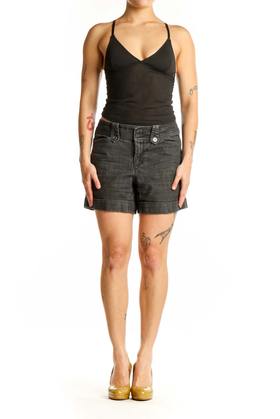 Front view of charcoal denim shorts with rolled cuffs and classic five-pocket design