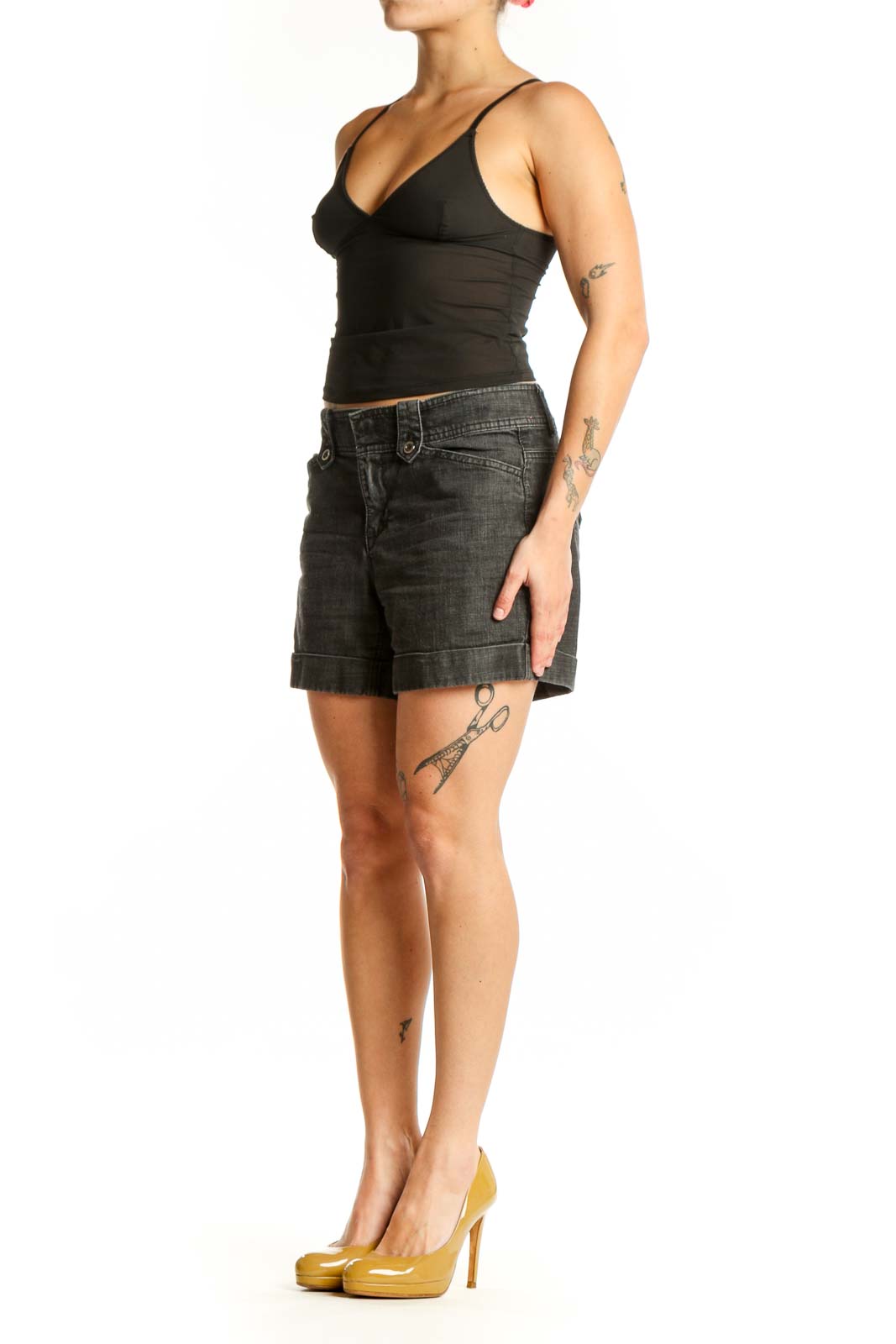 Front view of charcoal denim shorts with rolled cuffs and classic five-pocket design