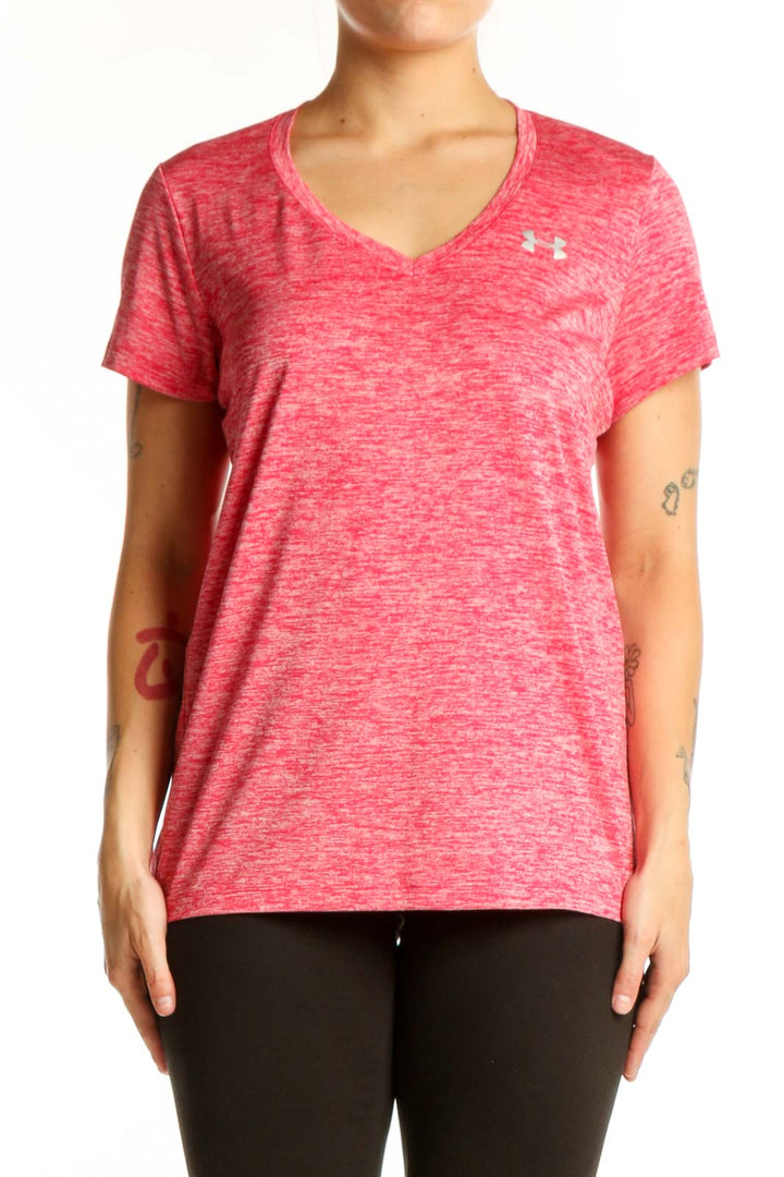 Pink heathered Under Armour V-neck activewear t-shirt front view on model
