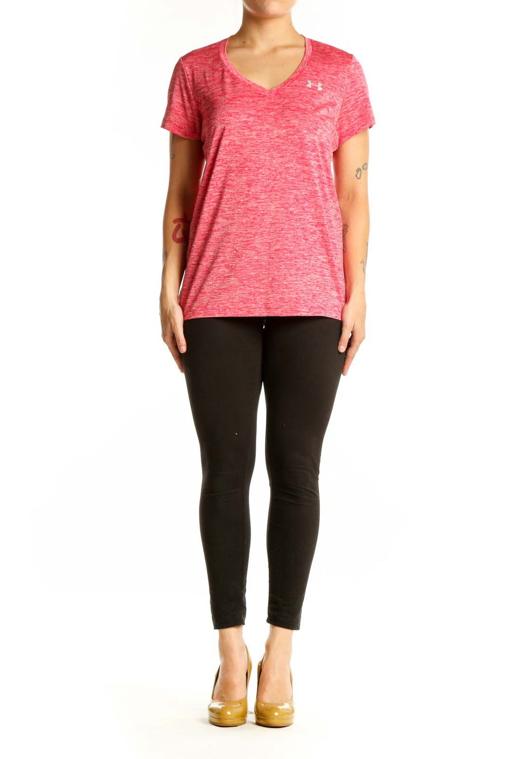Pink heathered Under Armour V-neck activewear t-shirt front view on model