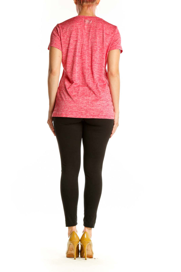 Pink heathered Under Armour V-neck activewear t-shirt back view on model