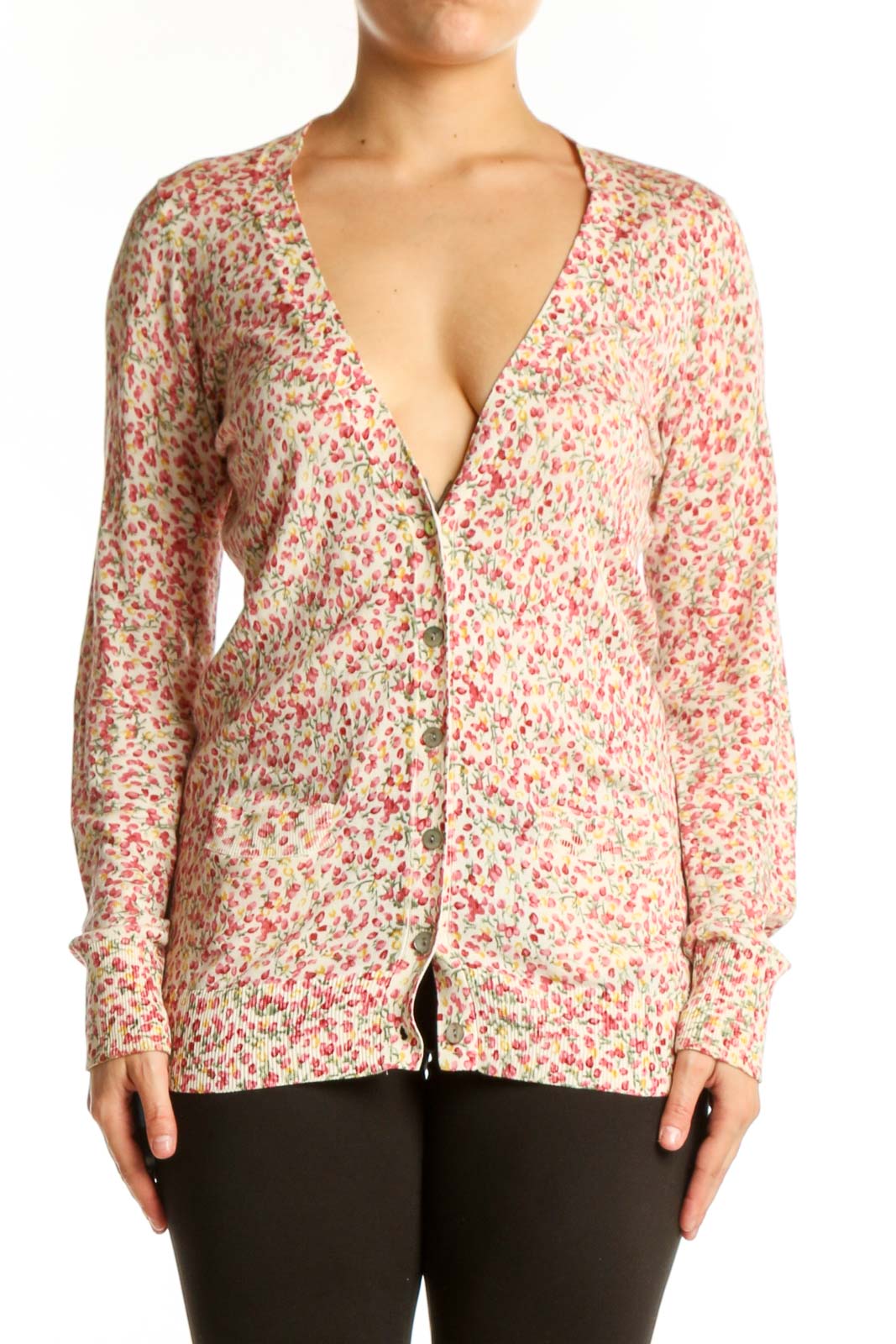 Pink floral cotton silk cardigan with button-front closure and long sleeves, front view