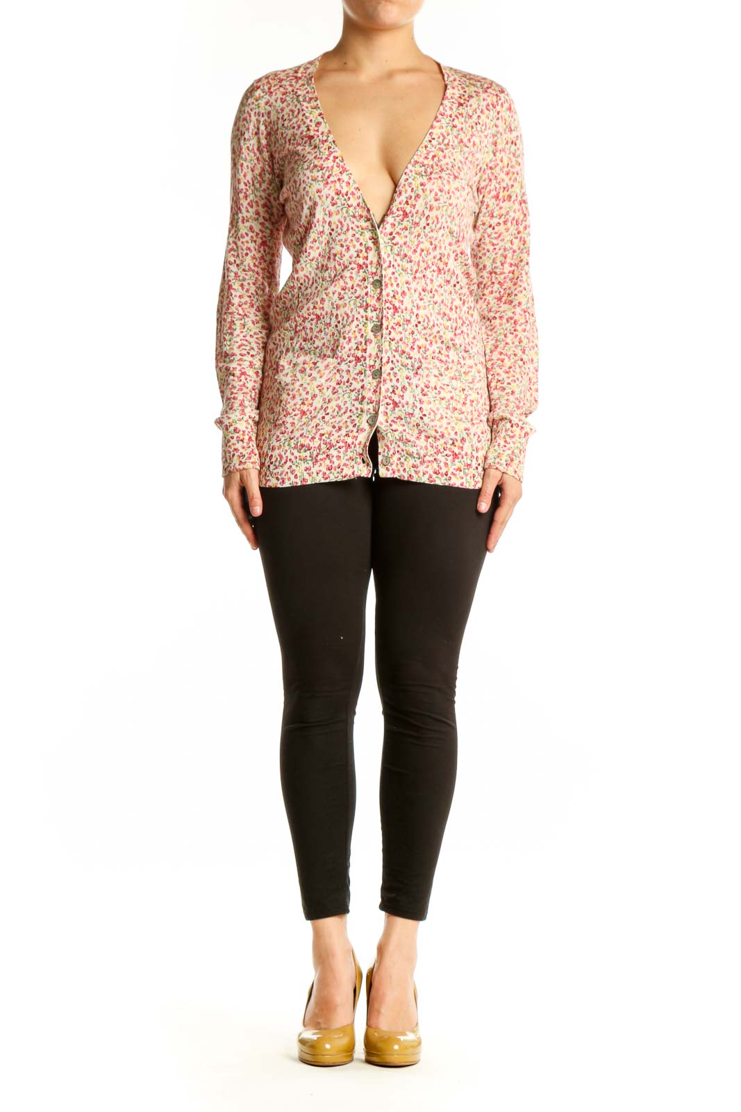 Pink floral cotton silk cardigan with button-front closure and long sleeves, front view