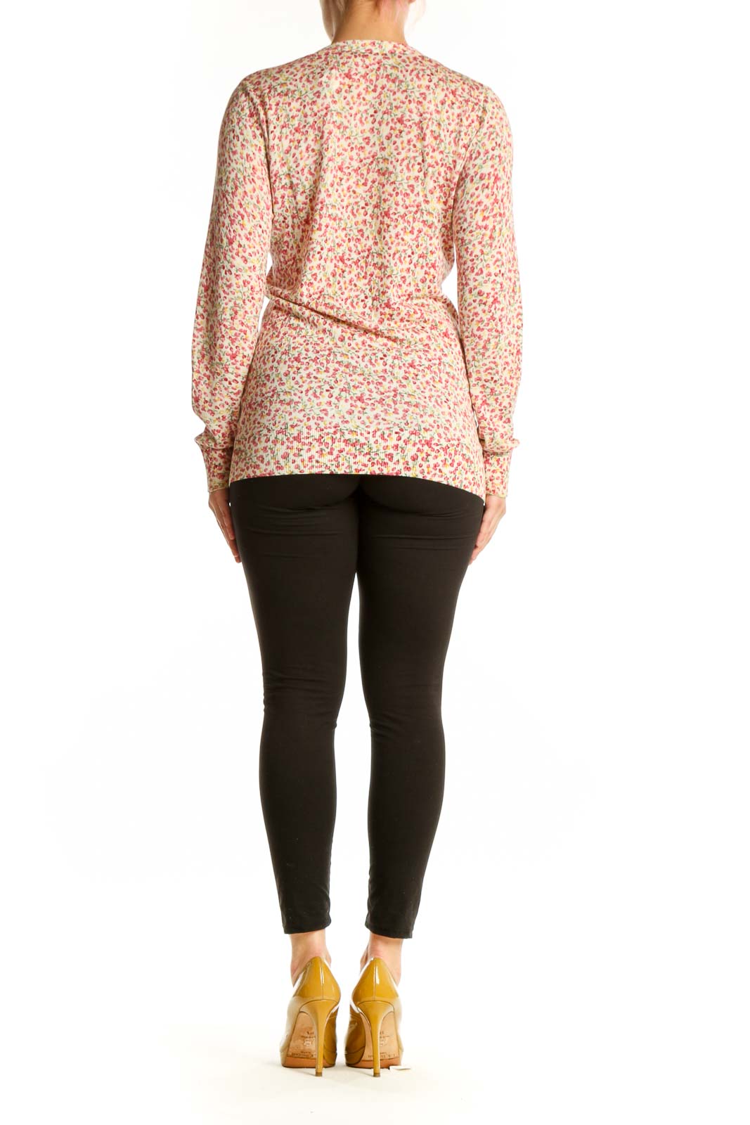 Pink floral cotton silk cardigan with button-front closure, back view