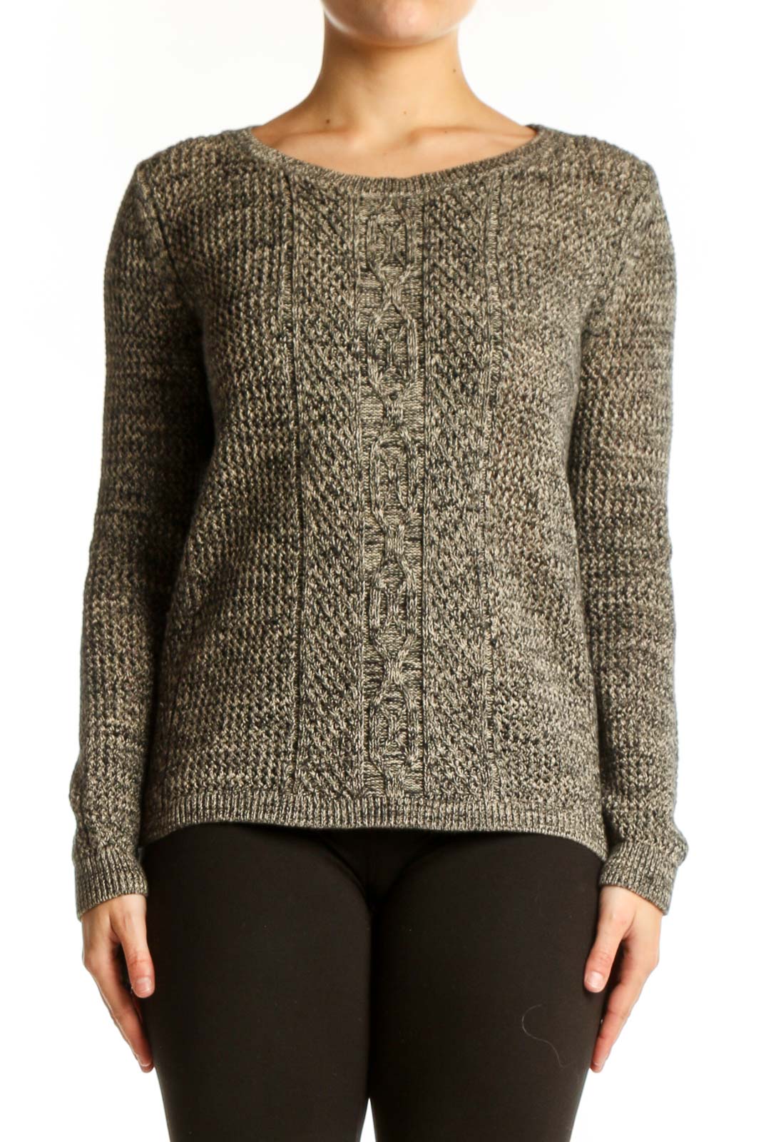Gray cable knit cotton pullover sweater with crew neckline and long sleeves, front view on model