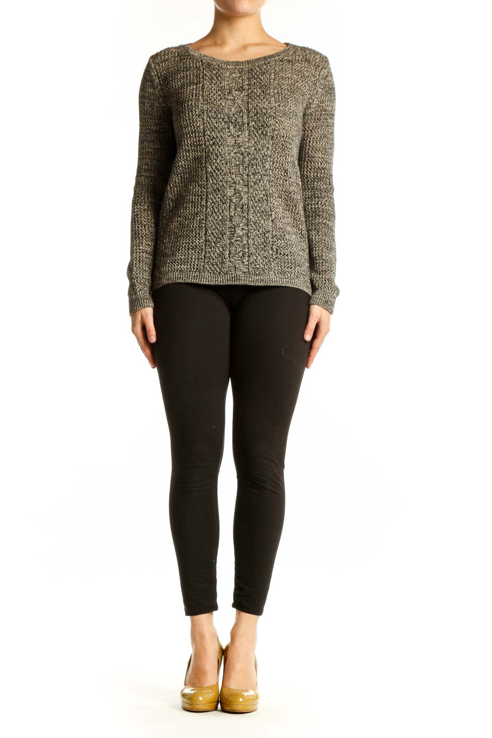 Gray cable knit cotton pullover sweater with crew neckline and long sleeves, front view on model