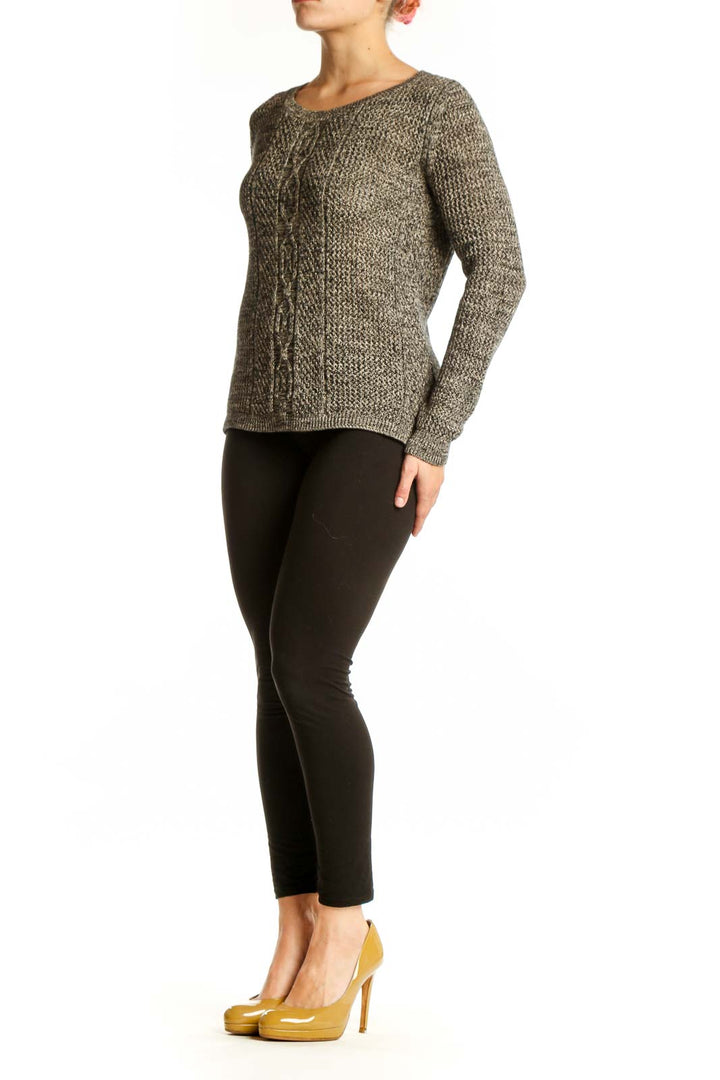 Gray cable knit cotton pullover sweater with crew neckline and long sleeves, front view on model