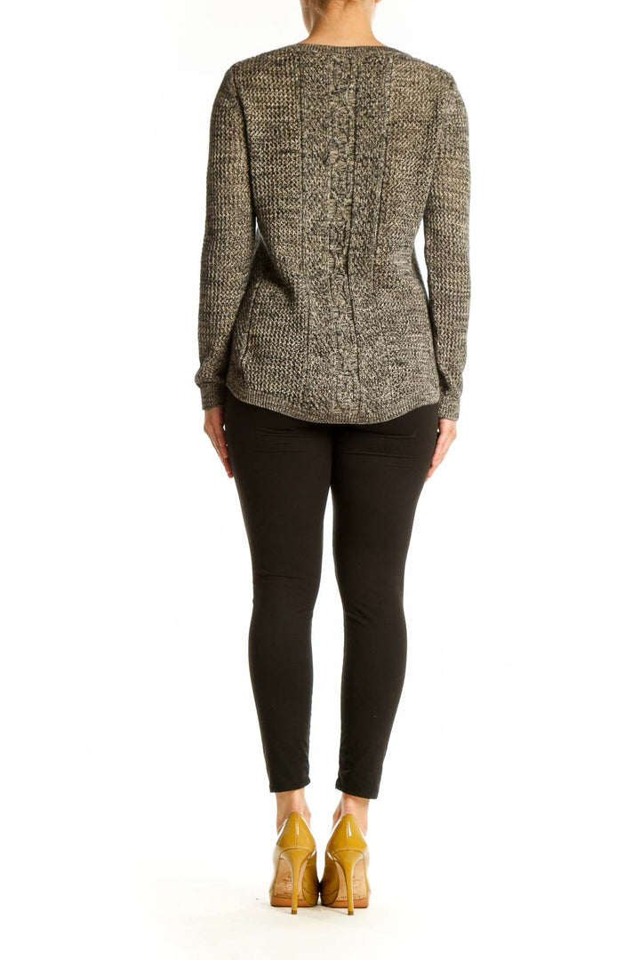 Gray cable knit cotton pullover sweater back view showing cable knit detailing and cropped silhouette