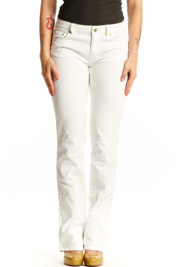 White denim straight-leg jeans by R.E.D. Valentino, front view showing five-pocket construction and gold-tone hardware