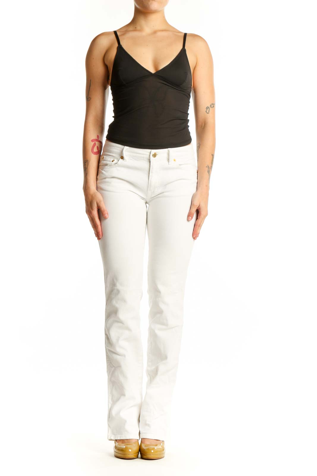 White denim straight-leg jeans by R.E.D. Valentino, front view showing five-pocket construction and gold-tone hardware