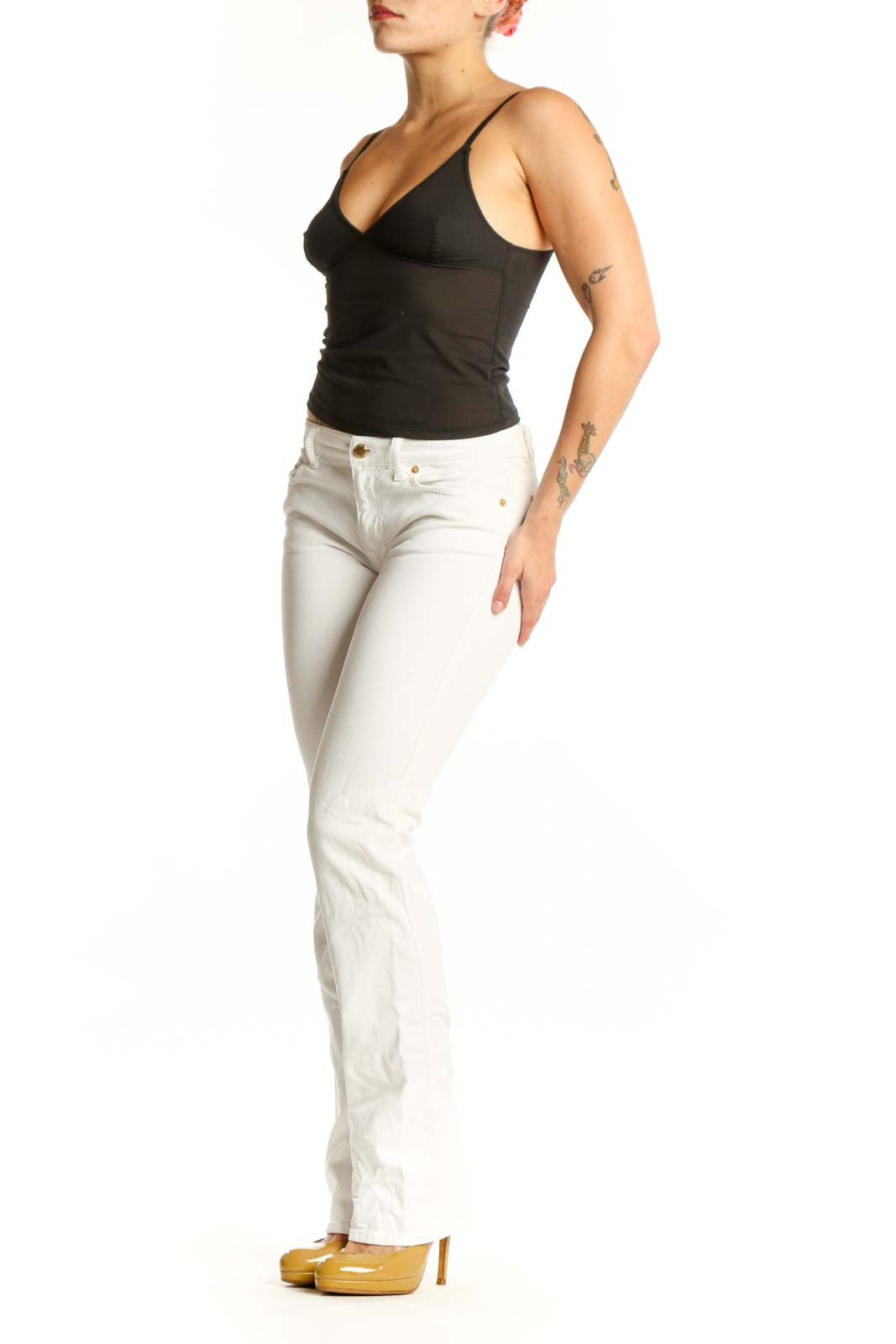 White denim straight-leg jeans by R.E.D. Valentino, front view showing five-pocket construction and gold-tone hardware