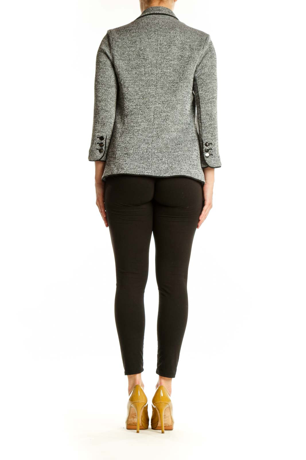 Back view of gray knit blazer showing tailored fit and three-quarter sleeve length