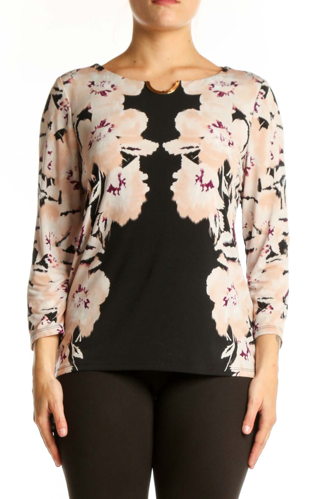 Calvin Klein black and cream floral print cotton top with three-quarter sleeves, front view
