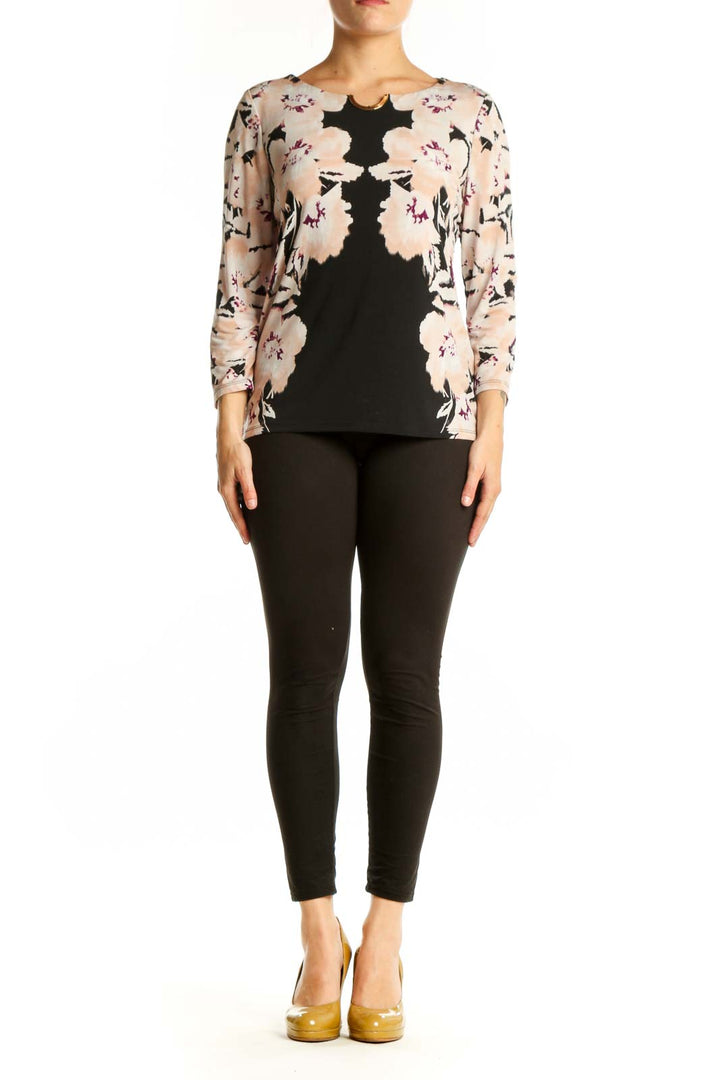 Calvin Klein black and cream floral print cotton top with three-quarter sleeves, front view