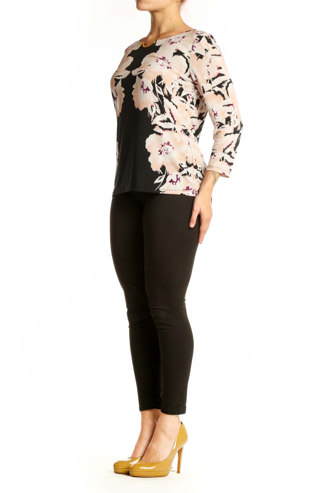 Calvin Klein black and cream floral print cotton top with three-quarter sleeves, front view