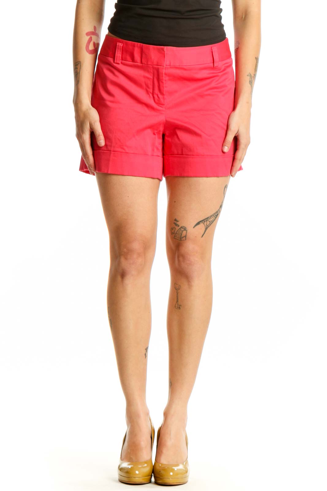 Front view of red cotton-spandex tailored shorts from Express, size S, featuring zip closure and functional pockets