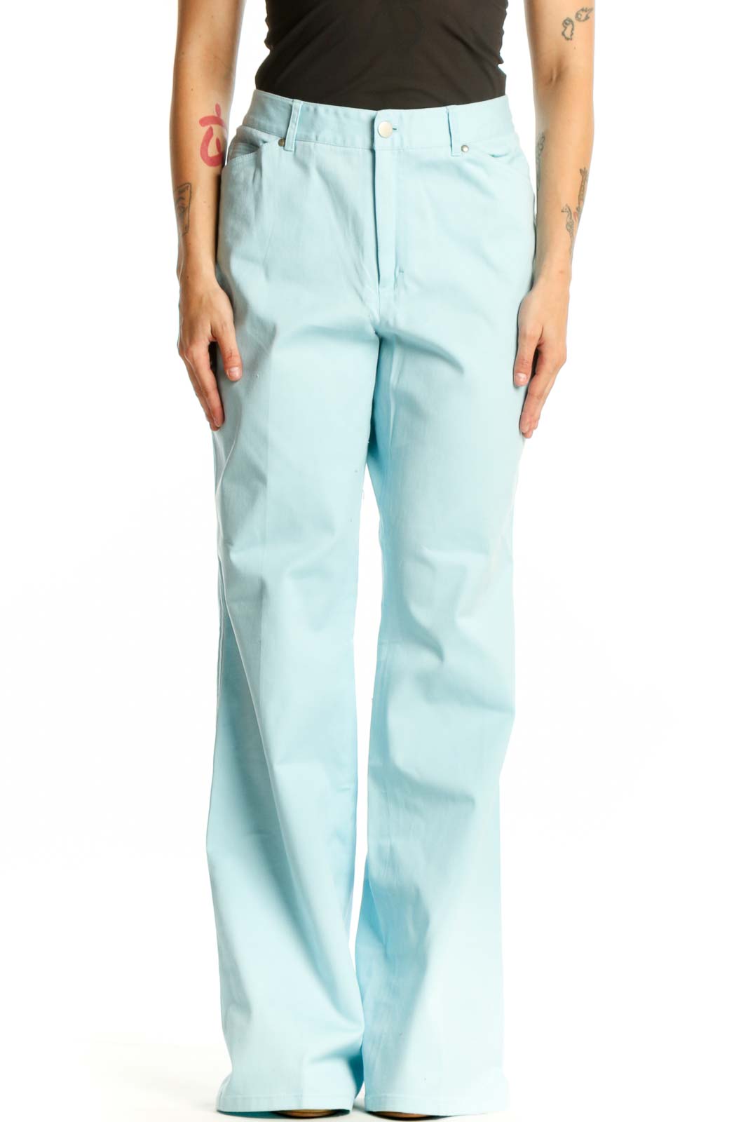 Light blue cotton-spandex straight-leg pants with high-waisted design, front view