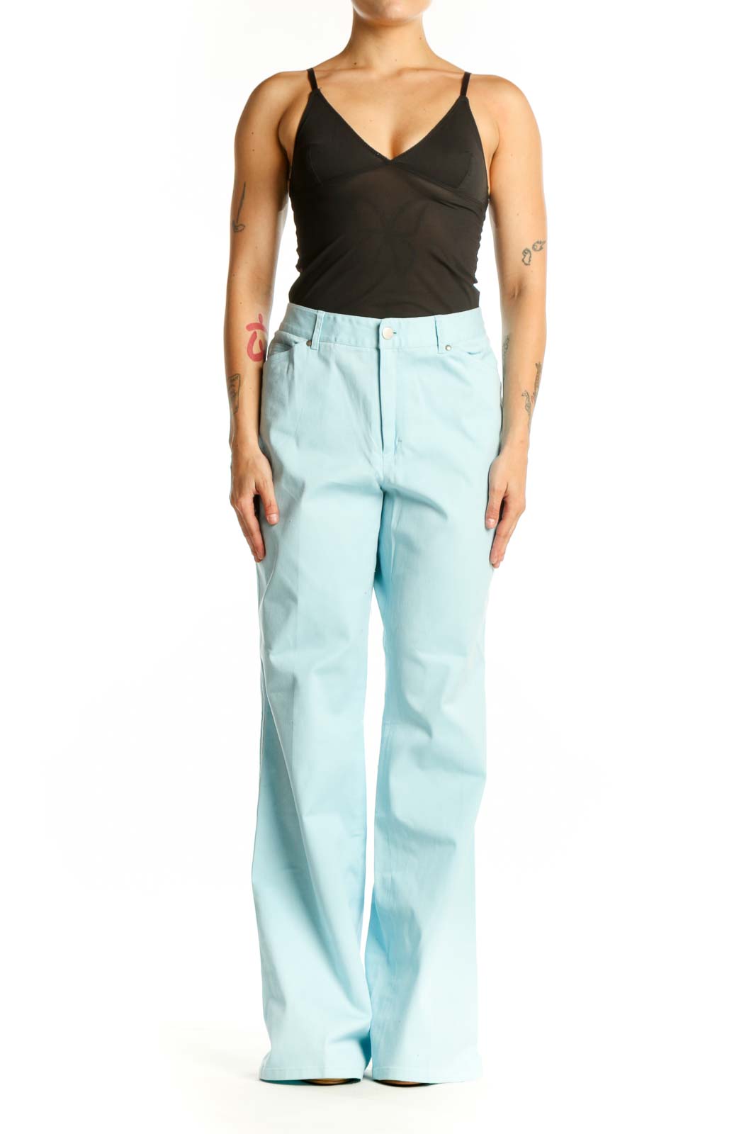 Light blue cotton-spandex straight-leg pants with high-waisted design, front view