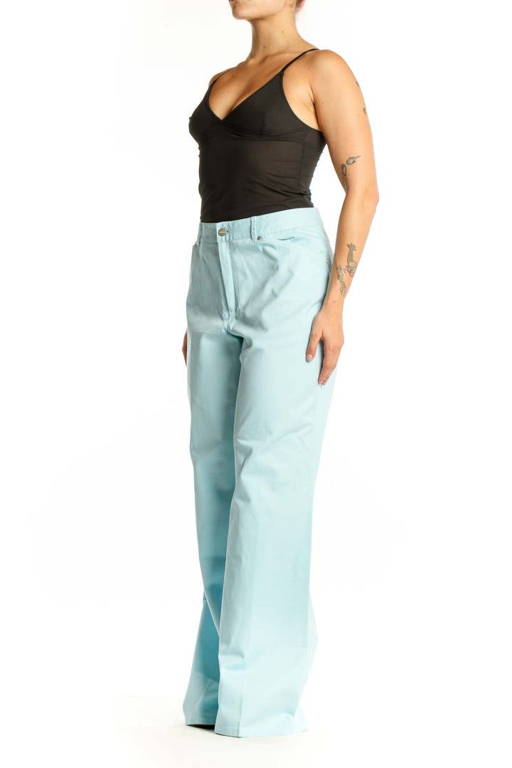 Light blue cotton-spandex straight-leg pants with high-waisted design, front view