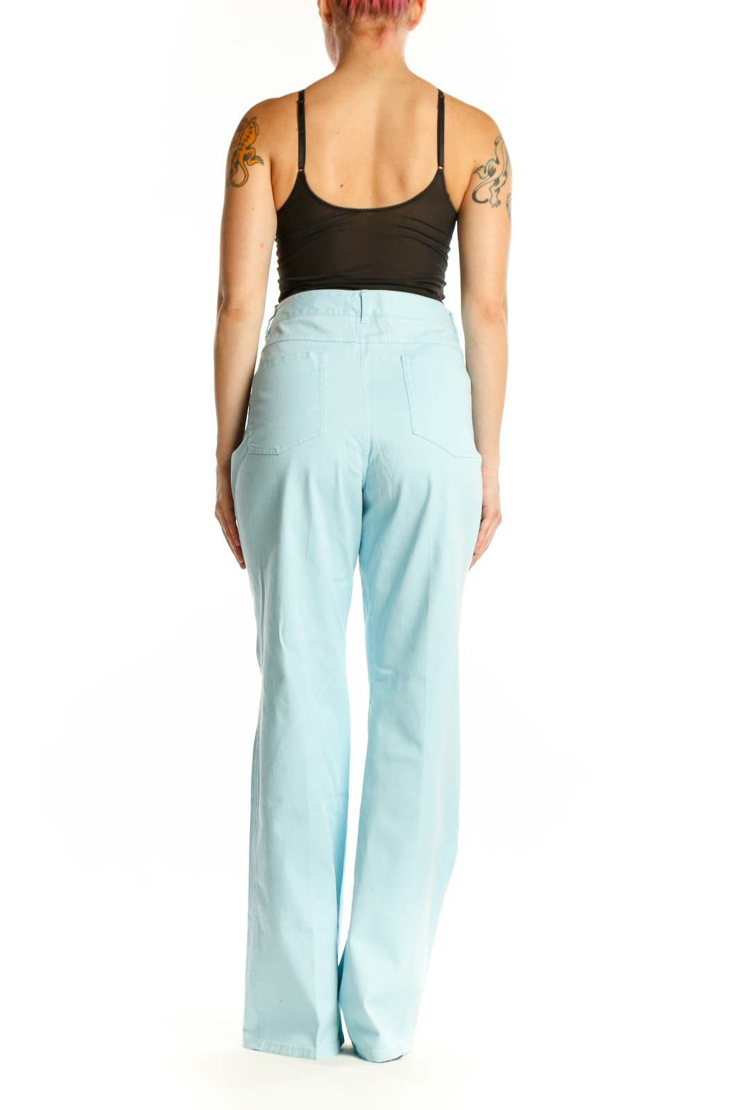 Light blue cotton-spandex straight-leg pants with high-waisted design, back view