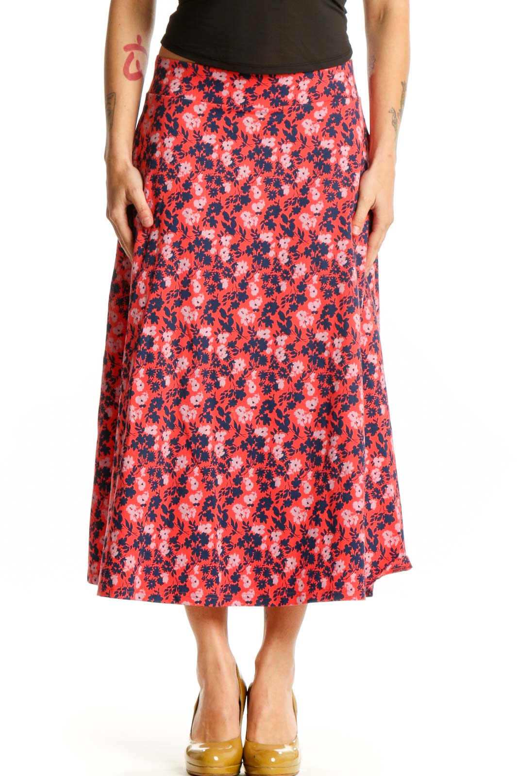Red floral A-line midi skirt with navy and white botanical pattern, front view