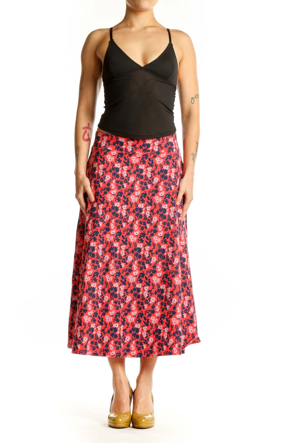 Red floral A-line midi skirt with navy and white botanical pattern, front view
