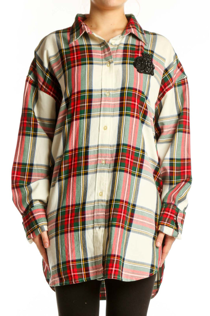 Lauren Ralph Lauren red plaid cotton button-up shirt with decorative black brooch accent, front view