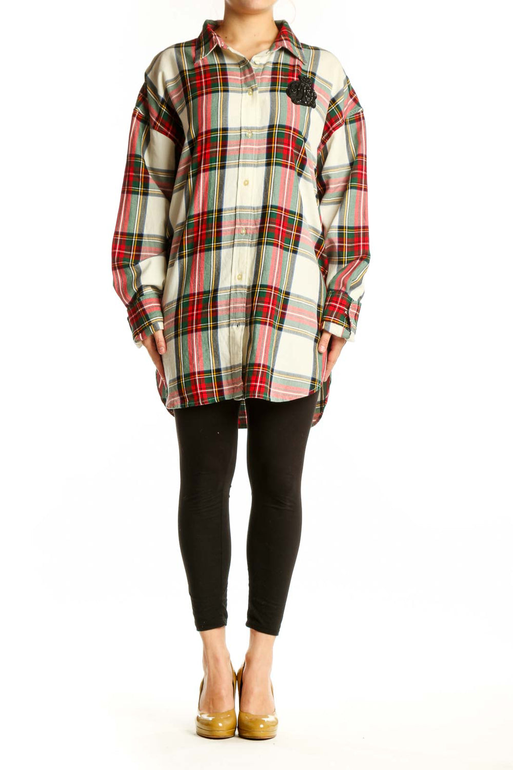 Lauren Ralph Lauren red plaid cotton button-up shirt with decorative black brooch accent, front view