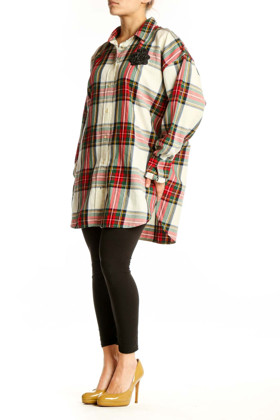 Lauren Ralph Lauren red plaid cotton button-up shirt with decorative black brooch accent, front view