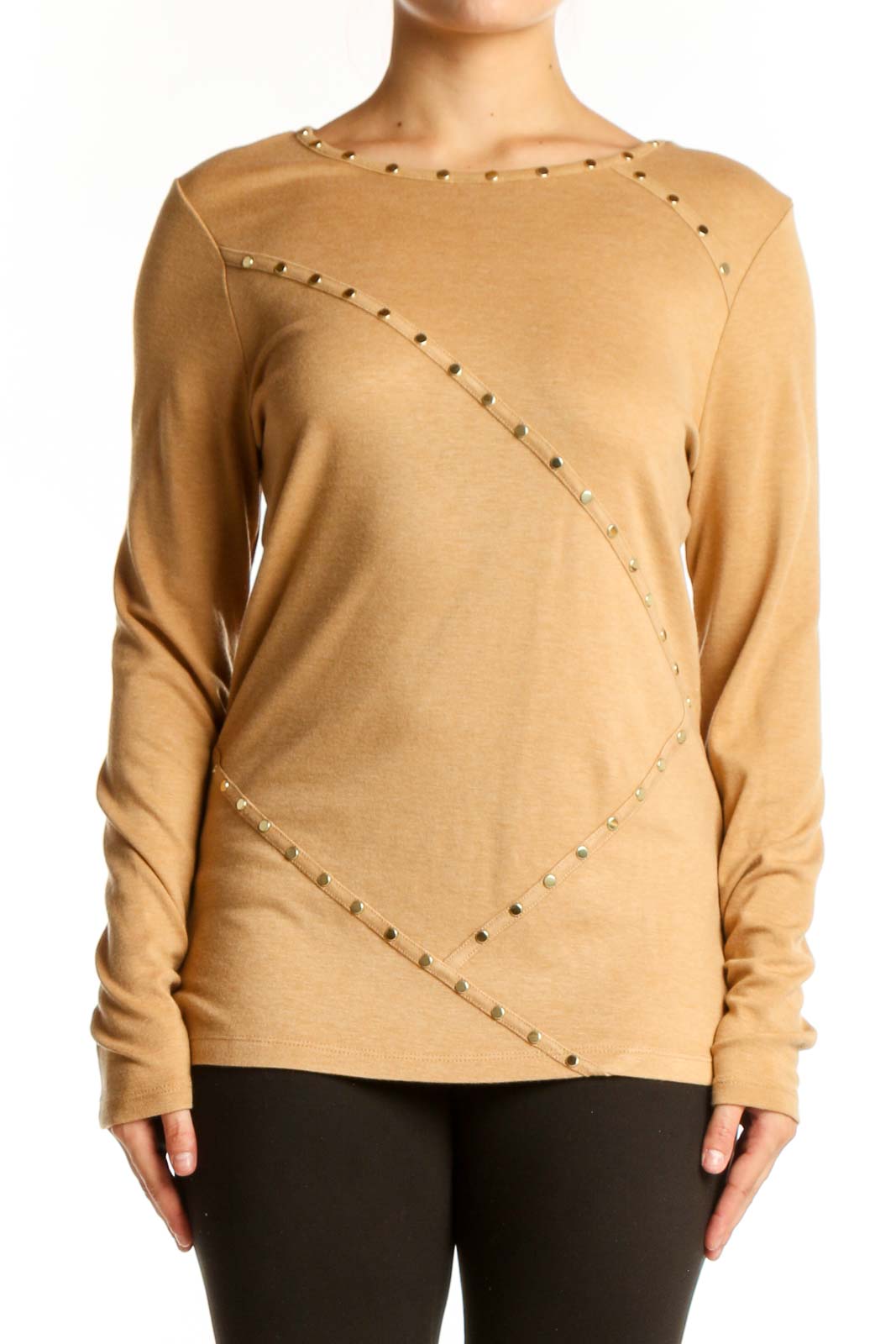 Camel Karl Lagerfeld knit sweater with geometric studded design on front view