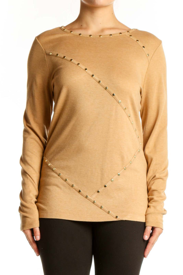 Camel Karl Lagerfeld knit sweater with geometric studded design on front view
