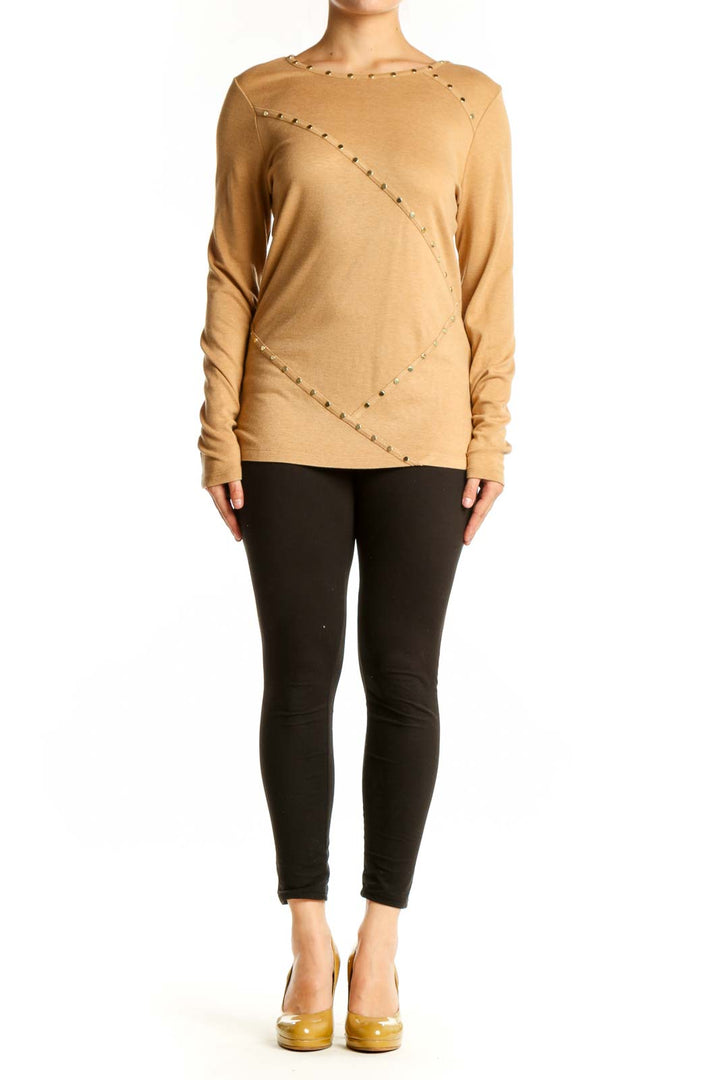 Camel Karl Lagerfeld knit sweater with geometric studded design on front view