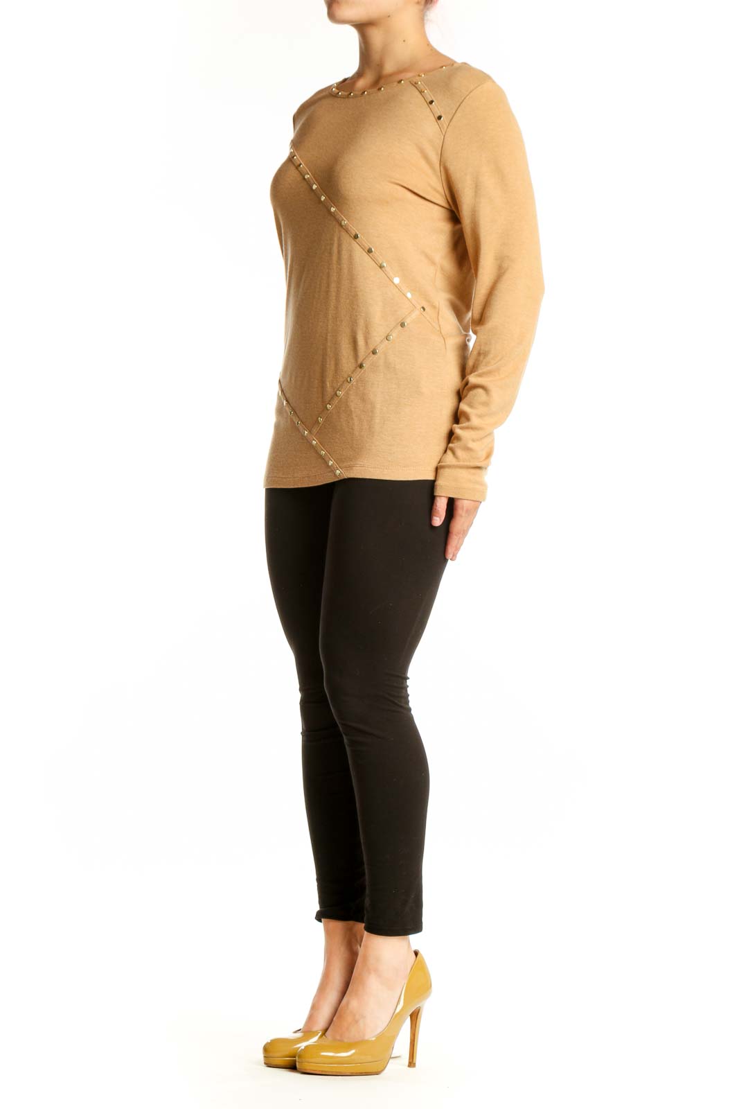 Camel Karl Lagerfeld knit sweater with geometric studded design on front view