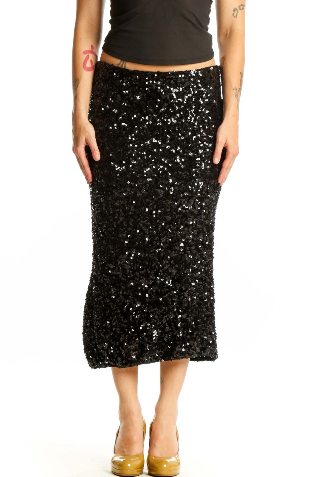 Black sequin midi skirt with all-over sparkle embellishment, front view on model
