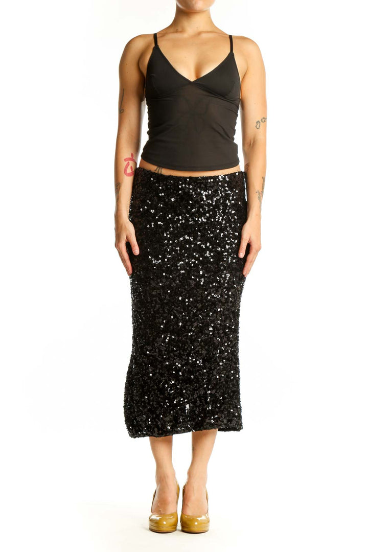 Black sequin midi skirt with all-over sparkle embellishment, front view on model